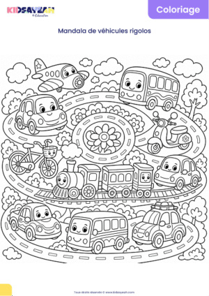 Mandala véhicules rigolos à colorier pour enfants
