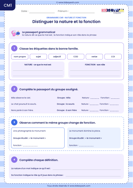 nature et fonction des mots CM1 exercices