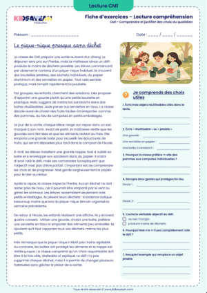 pique-nique zéro déchet exercice de lecture CM1