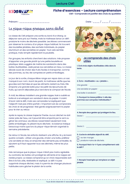 pique-nique zéro déchet exercice de lecture CM1