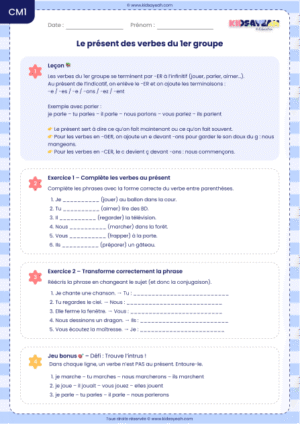 présent des verbes du premier groupe CM1