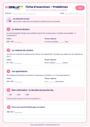 problèmes d'addition CE2 chercher le total
