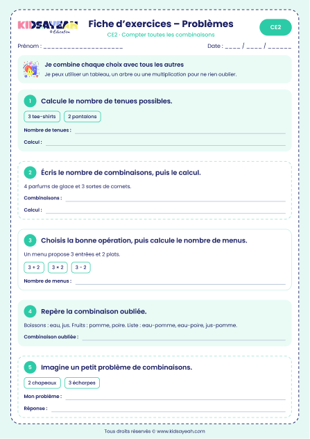 problèmes de combinaisons CE2 produits cartésiens