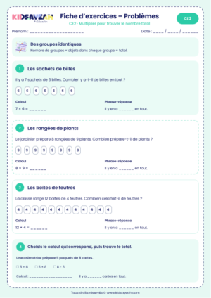 problèmes de multiplication CE2 chercher le total
