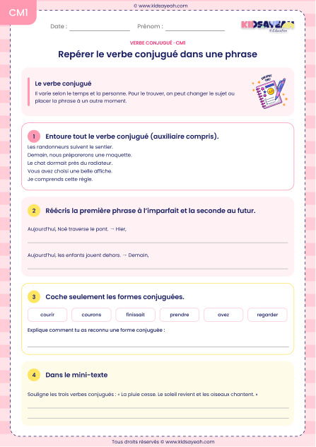 repérer le verbe conjugué CM1 exercices