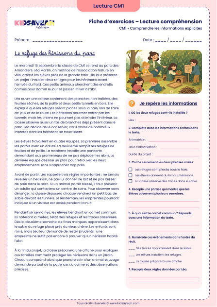 texte de compréhension CM1 sur les hérissons au jardin