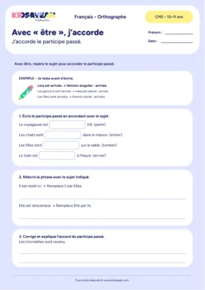 accord participe passé avec être CM2 à imprimer - fiche élève
