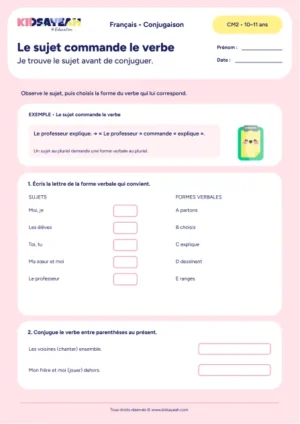 accorder le verbe avec son sujet au CM2 - fiche élève