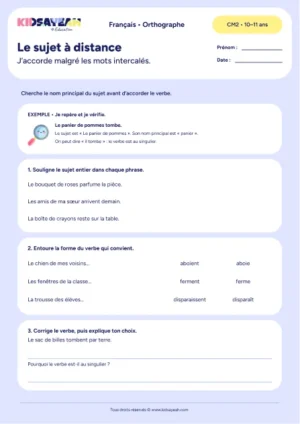 accord sujet verbe éloigné CM2 à imprimer - fiche élève