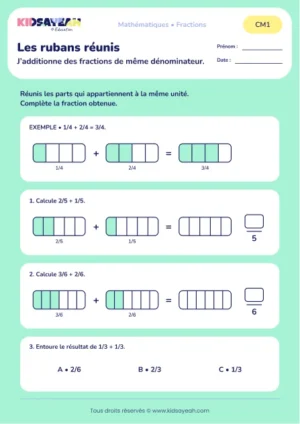 Additionner des fractions avec des rubans au CM1 : aperçu de la fiche Les rubans réunis