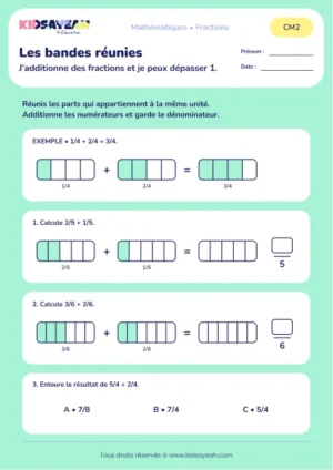 Additionner des fractions et dépasser l’unité au CM2 : aperçu de la fiche Les bandes réunies