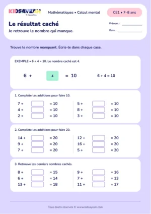 Additions à trou au CE1 : Le résultat caché — fiche enfant