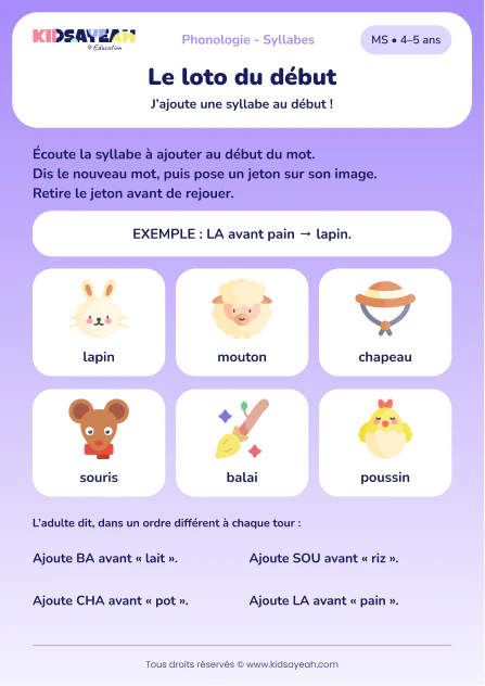 Ajouter LA, BA, SOU ou CHA au début des mots en MS — aperçu de la fiche à imprimer