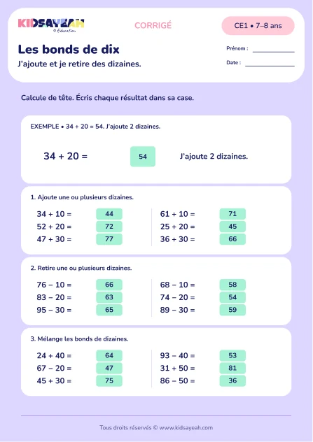 Ajouter et retirer des dizaines au CE1 : Les bonds de dix — corrigé