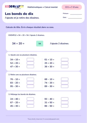Ajouter et retirer des dizaines au CE1 : Les bonds de dix — fiche enfant