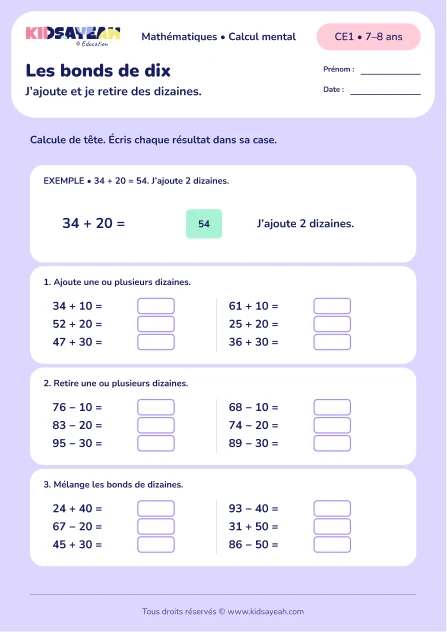 Ajouter et retirer des dizaines au CE1 : Les bonds de dix — fiche enfant