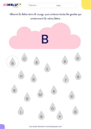 Fiche alphabet MS à imprimer – reconnaître la lettre B dans des gouttes de pluie