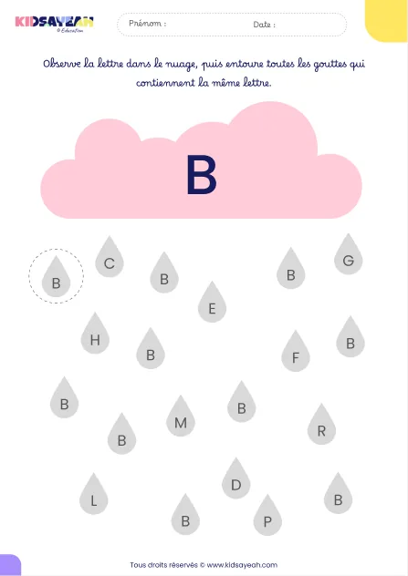 Fiche alphabet MS à imprimer – reconnaître la lettre B dans des gouttes de pluie