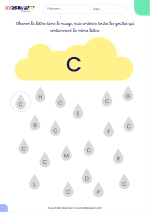 Fiche alphabet MS à imprimer – reconnaître la lettre C dans des gouttes de pluie
