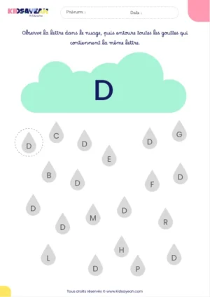 Fiche alphabet MS à imprimer – reconnaître la lettre D dans des gouttes de pluie