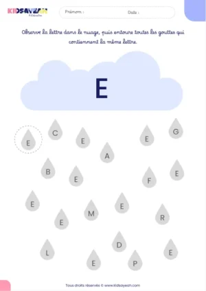Fiche alphabet MS à imprimer – reconnaître la lettre E dans des gouttes de pluie