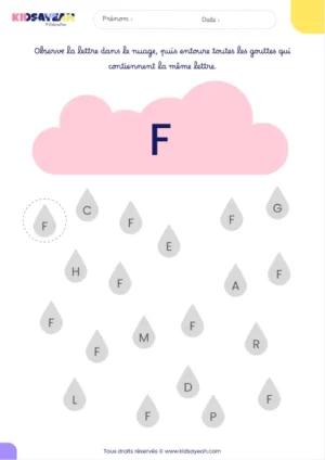 Fiche alphabet MS à imprimer – reconnaître la lettre F dans des gouttes de pluie