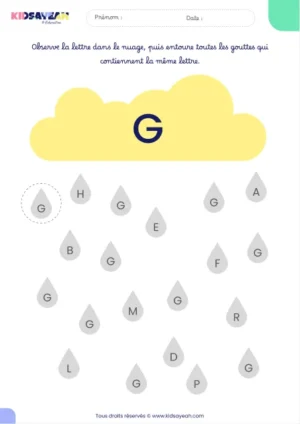 Fiche alphabet MS à imprimer – reconnaître la lettre G dans des gouttes de pluie