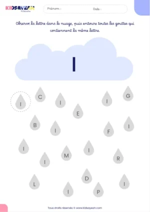 Fiche alphabet MS à imprimer – reconnaître la lettre I dans des gouttes de pluie