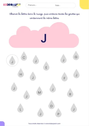 Fiche alphabet MS à imprimer – reconnaître la lettre J dans des gouttes de pluie