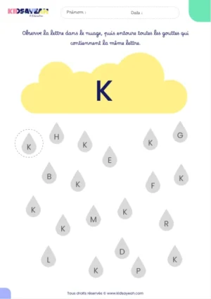 Fiche alphabet MS à imprimer – reconnaître la lettre K dans des gouttes de pluie