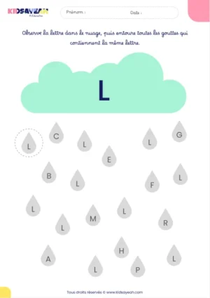 Fiche alphabet MS à imprimer – reconnaître la lettre L dans des gouttes de pluie
