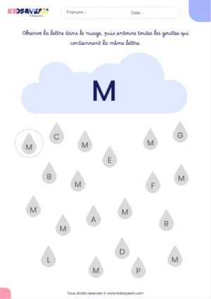 Fiche alphabet MS à imprimer – reconnaître la lettre M dans des gouttes de pluie