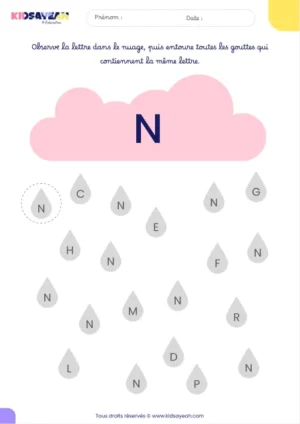 Fiche alphabet MS à imprimer – reconnaître la lettre N dans des gouttes de pluie