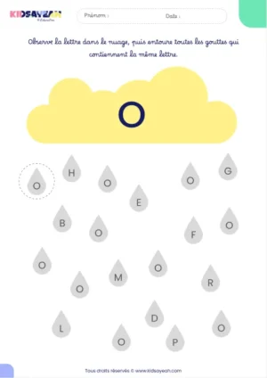 Fiche alphabet MS à imprimer – reconnaître la lettre O dans des gouttes de pluie