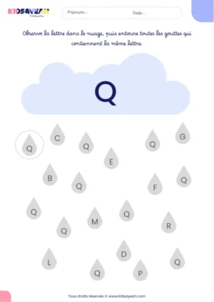 Fiche alphabet MS à imprimer – reconnaître la lettre Q dans des gouttes de pluie