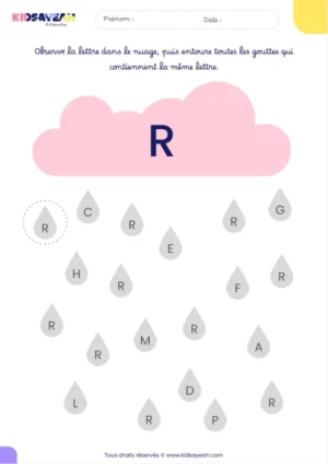 Fiche alphabet MS à imprimer – reconnaître la lettre R dans des gouttes de pluie