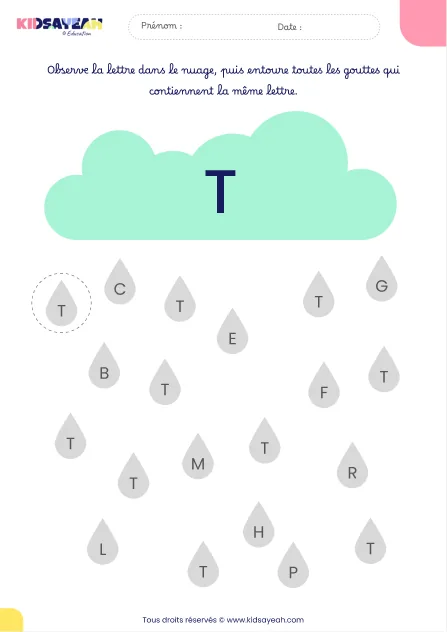 Fiche alphabet MS à imprimer – reconnaître la lettre T dans des gouttes de pluie