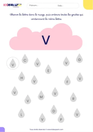 Fiche alphabet MS à imprimer – reconnaître la lettre V dans des gouttes de pluie
