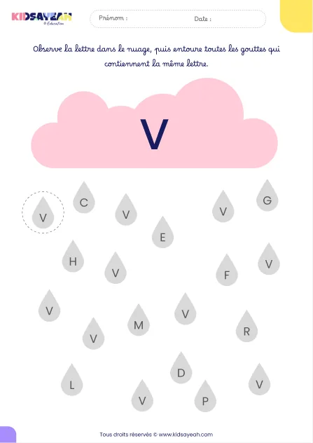 Fiche alphabet MS à imprimer – reconnaître la lettre V dans des gouttes de pluie