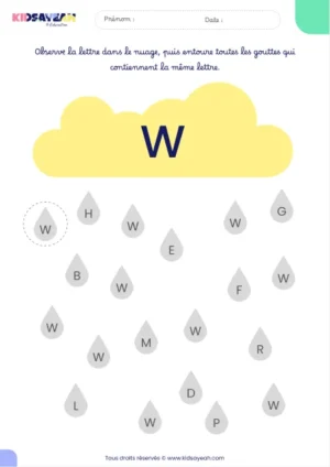 Fiche alphabet MS à imprimer – reconnaître la lettre W dans des gouttes de pluie