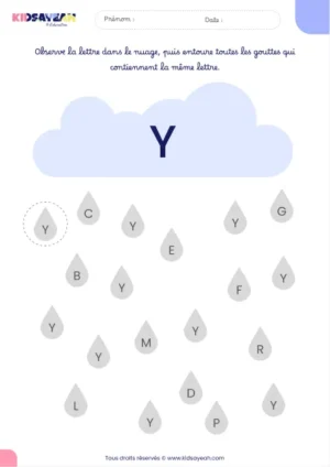 Fiche alphabet MS à imprimer – reconnaître la lettre Y dans des gouttes de pluie