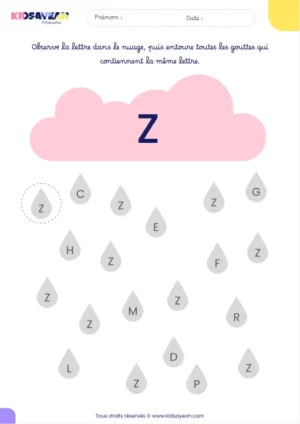 Fiche alphabet MS à imprimer – reconnaître la lettre Z dans des gouttes de pluie