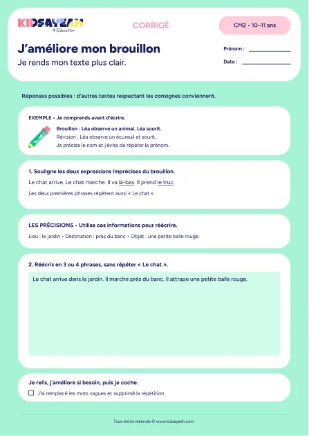 Corrigé - réécriture brouillon CM2 exercice à imprimer
