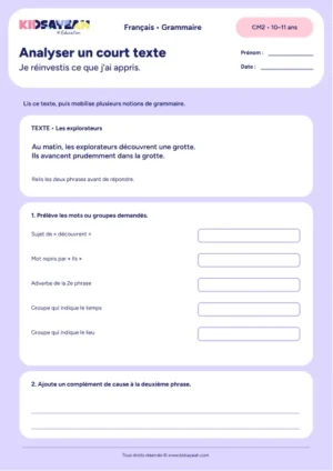 analyser un court texte en grammaire au CM2 - fiche élève