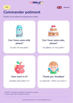 Apprendre à commander et demander un prix en anglais au CM2 — leçon illustrée