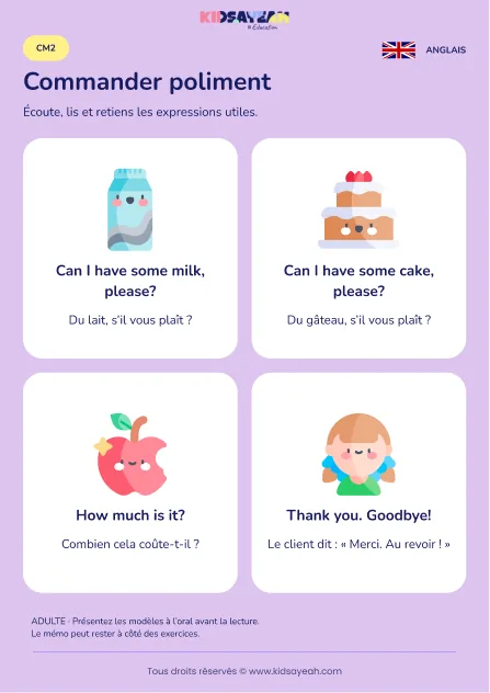 Apprendre à commander et demander un prix en anglais au CM2 — leçon illustrée