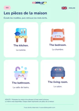 Apprendre à lire les pièces de la maison en anglais au CE2 — leçon illustrée