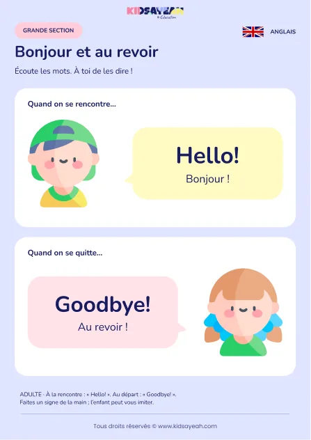 Apprendre Hello et Goodbye en grande section — leçon illustrée