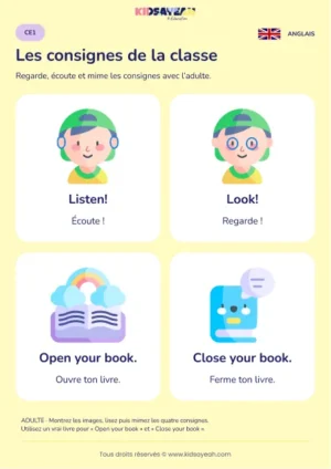 Apprendre les consignes de classe en anglais au CE1 — leçon illustrée