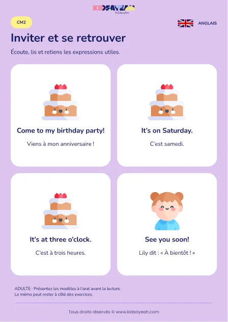 Apprendre les formules d’une invitation en anglais au CM2 — leçon illustrée